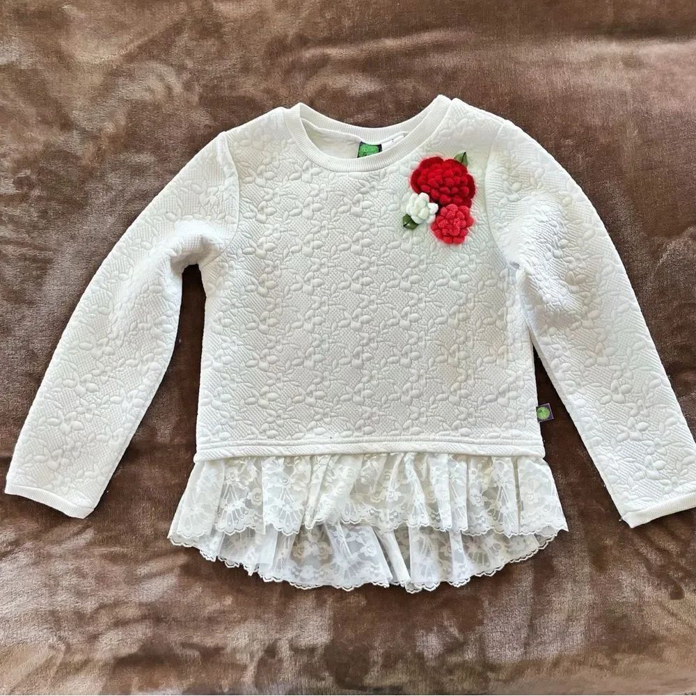 Dollie & Me Girls White Quilted Lace Sweater with Red Floral Accent Size 7
